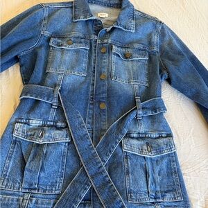 Denim Button-Front Jacket with Belt - Blue